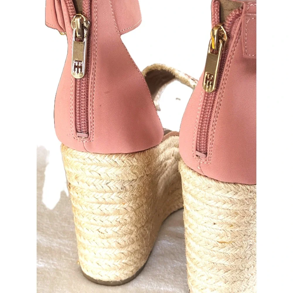 Tommy Hilfiger Pink Beige Espadrille Wedge Sandals Ankle Strap Platform 11M